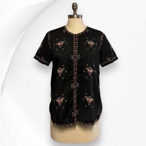 Basket of Flowers Vintage Hand Embroidered Blouse Black Multicolored Medium